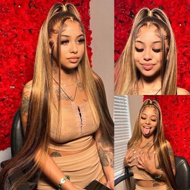 Metamuclia Honey Blonde 13X4 HD Lace Front Wig Human Hair Highlight Straight Lace Frontal Wigs Human Hair Pre Plucked 30 Inch 180 Density Ombre Wigs for Women P4/27 Colored Glueless Wig with Baby Hair
