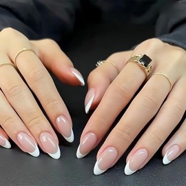 White French Tips Press on Nails Long Almond Fake Nails Nude False Nails with French Tips Design Stick on Nails for Women Girls Simple Manicure Decoration 24Pcs