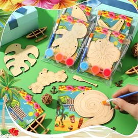 Saypacck 24 Pcs Hawaii Party Favors Wooden Painting Craft Kits Birthday Party Supplies with Organza Bag for Goodie Bags Fillers Adult Thank You Gifts
