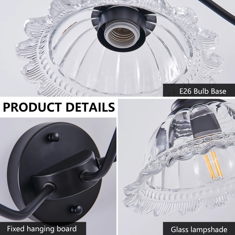 20 Inch 2-Light Vintage Bathroom Wall Sconce,Elegant Black Metal and