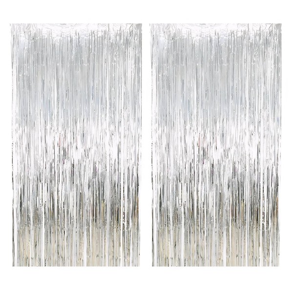 MAEXUS Tassel Curtains, 2 Pcs 200x100cm Glitter Curtain Glamorous Metallic Fringe Curtain Backdrop Glitter Fringe Curtain Bright Shiny Party Decoration Party Supplies Gold Curtains-Silver