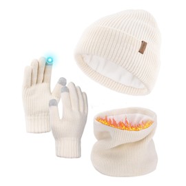 FURTALK Winter Knit Beanie Hat Sacrf Touch Screen Gloves Set Soft Fleece Lining Warm Beanie Unisex Winter Set White
