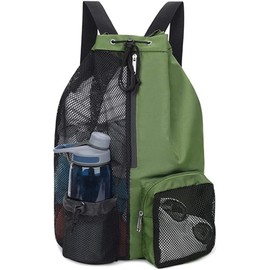 Waterproof Lightweight Swim Sports Bag Rucksack Mesh Drawstring Beach Backpack with Wet & Dry Multiple Pockets Adjustable Strap for Swimming Gym Hiking Biking Camping Fitness Workout Gear (Green)
