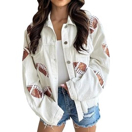 SeekMe Women's Cropped Corduroy Jacket Football Sequin Patched Short Button Raw Hem Jacket Coat(1756-White-M-FY)