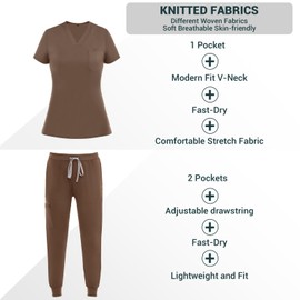 Anwrtuk Scrubs for Women Set, Medical Uniform Stretch V-Neck Collar Scrub Top & Jogger Pant with Waistband, Multi Pocket (Coffee Brown, S)