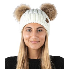 Funky Junque Double Pom Pom Beanie 7.5x8 Inch Women's Faux Fur Cap Beanie Double Pom 100% Super Soft Knit Acrylic, Adult Double Pom Pom Hat Beanie with Two Poms for Women (Ivory/Natural Faux Fur)