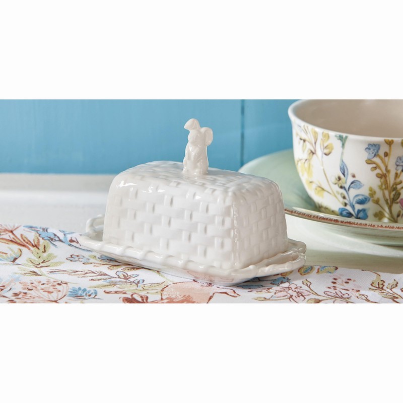 TAG Bunny Rabbit White Basketweave Easter Butter Dish With Cover