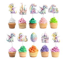 10 Pcs Pink Dragon Cupcake Toppers with Castles and Fantasy Egg for Birthday Party, Baby Shower, and Fairytale Theme Decorations – Cute Dragon Cupcake Picks for Cakes, Kids