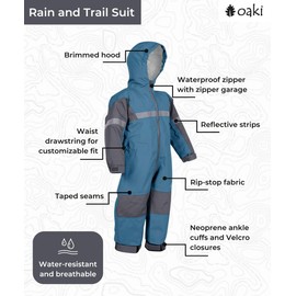 OAKI Rain and Trail Suits - The Ultimate Kids & Toddler Rain Suit for Boys & Girls - Perfect Muddy Buddy Rain Overalls Toddler Brighton Blue, 3T