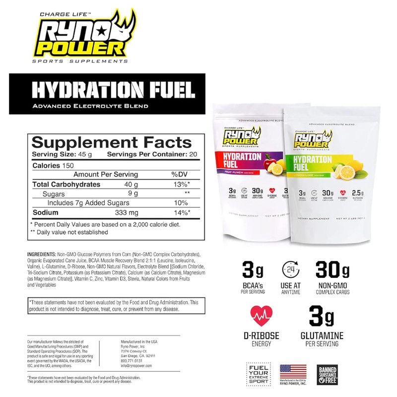Ryno Power Hydration Fuel Electrolyte Drink Mix 2lb (20 Servings)