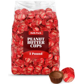 Bulk Milk Chocolate Peanut Butter Cups Miniatures 1 Pound - Individually Wrapped Chocolate Candy In Red Foil for Parties, Gift Bags, and Candy Buffets - Approx 55 Pieces