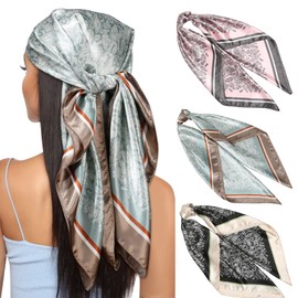 Kajeer Pack of 3 Headscarf Silk Scarf for Women - 90 x 90 cm Large Square Elegant Scarves Scarf for Women Satin Bandana Girls Headscarf Hair Accessories, Cashew (Light Pink/Light Green/Black)