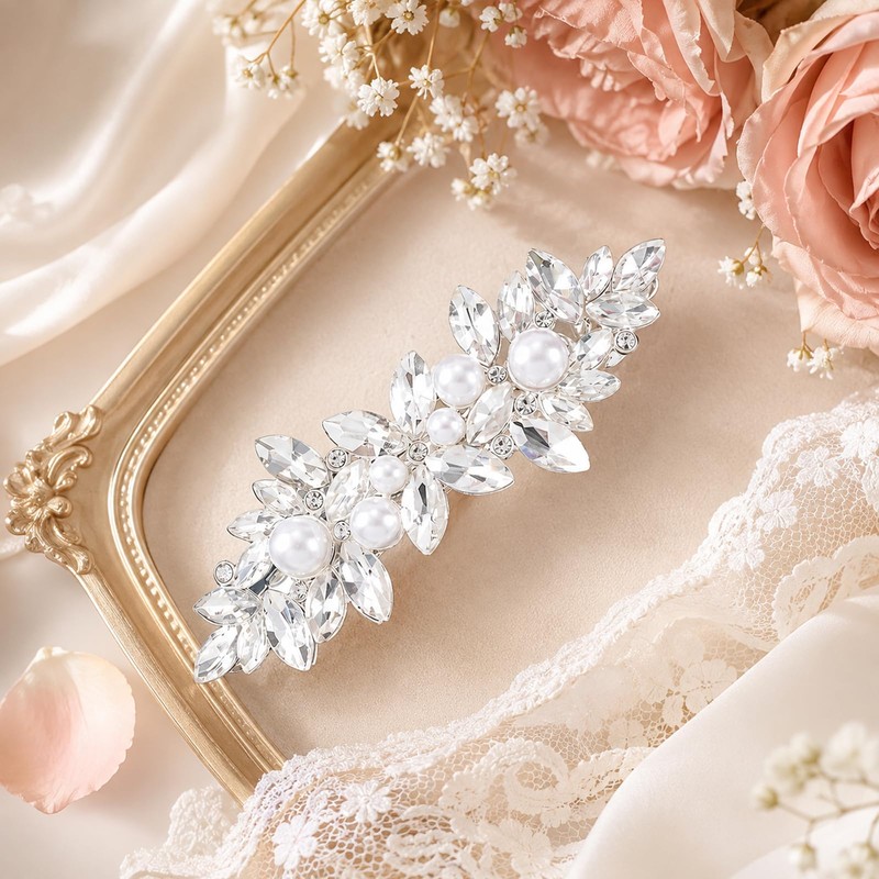 Rhinestone Hair Clip with Pearl, Sparkly Crystal Barrette for Women