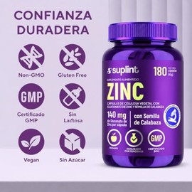 Gluconato de Zinc 140 mg con Semilla de Calabaza – Zinc 20 mg por Cápsula – Suplemento Vegano – Sin Gluten, Sin OGM – 180 Cápsulas