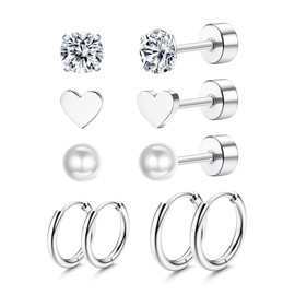 Dochais 5 Pairs Titanium Earring Set, 14K Gold Hoop Earrings, Small, 20G Hypoallergenic Stud Earrings, AAAAA Cubic Zirconia Heart Beads Earrings for Men and Women, Cartilage Huggie Hoop (Gold, Silver,