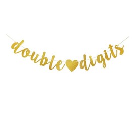 SNFHWL Double Digits Banner, Fun Paper Sign for 10th Birthday Party Supplies, Gold 10th Birthday Party Decorations