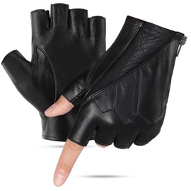 GSG Men's Genuine Leather Fingerless Gloves Half Finger Gloves Unlined Black-Blue Small