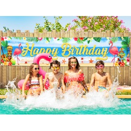 Tropical Luau Birthday Party Decorations, Large Hawaiian Happy Birthday Banner Yard Sign for Summer Flamingo Aloha Beach Theme Hawaiian Birthday Party Decorations Supplies Indoor Outdoor, 8.3x1.6Ft