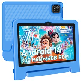 NRKDUBQ Tablet for Kids, 10.1 inch IPS HD Touchscreen Android 14 64 GB Storage, 8GB RAM, Octa Core Kids Tablet, Parental Controls, 12-hr Battery, WiFi, GPS - Blue