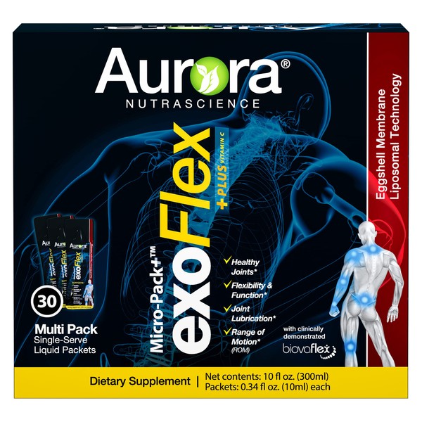 Aurora Nutrascience, Micro-Pack Liposomal exoFlex+ Vitamin C, Eggshell Membrane with BiovaFlex, Curcumin, & Boswellia, 30 Single-Serve Liquid Packets, 0.34 fl oz (10 ml) Each