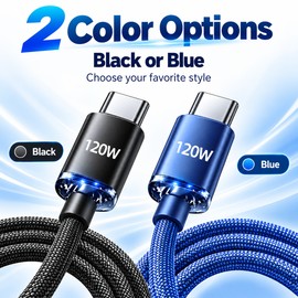 120W USB-C Charging and Data Cable, 6A Braided Fast Charge Cord in Multiple Lengths and Colors