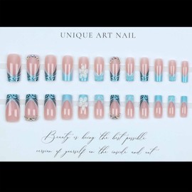 IMRAIN Blue Flower Press on Nails Medium Square French Tip Fake Nails with Rhinestones Design Summer Acrylic Squoval False Nails Full Cover Glue on Nails for Women Artificial Stick on Nails