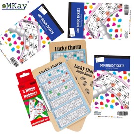 eMKay® Bingo Game Bundle – 3 Bingo Ticket Books (600 Tickets Each), 3 Clipboards with Left Clip & One Pack of 3 Non-Drip Dabbers | For Family Game Nights, Parties, Clubs & Events