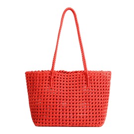 JINMANXUE Woven Tote Bag For Women,Travel Shoulder Bag, Large Hollow Beach Soft Satin Handbags and Purse, Hand-woven Satchel Clutch (Orange)