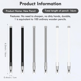 6+6Pcs Everlasting Pencil, Infinity Pencil with Eraser and Replacement Nibs,Reusable Inkless Pencil for Writing, for Sketch and Drawing (Dark)