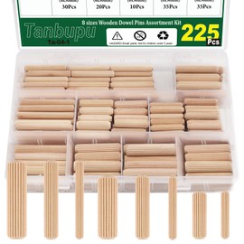 Tanbupu 225Pcs 8 Values Wood Dowels Kit 1/4" 5/16" 3/8", Wooden Dowel Pins, Fluted Wood Dowels Rods for Crafts, Furniture, DIY Manual