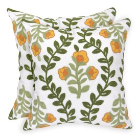 Alysheer Floral Embroidered Summer Decorative Throw Pillow Covers 20"x 20" Set of 2, Farmhouse Cottage Orange Flowers Green Leaves Knit Pattern Cotton Canvas Cushion Case for Couch Bed Living Room