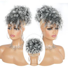 Cetiq Gray Afro Puff Drawstring Ponytail with Curly Hair Pieces Clip in Bangs Short Ponytail Hair Extensions drawstring ponytail for Black Women
