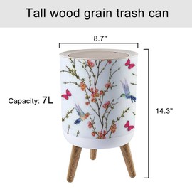 Small Trash Can with Lid Seamless floral with hand drawn hummingbirds tropical japanese flowers Round Recycle Bin Press Top Dog Proof Wastebasket for Kitchen Bathroom Bedroom Office 7L/1.8 Gallon