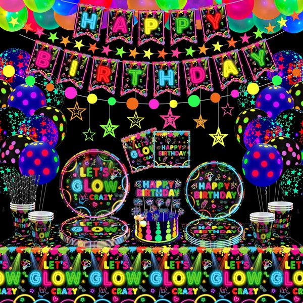 Pack of 163 Glow Neon Party Supplies Glow Party Tableware