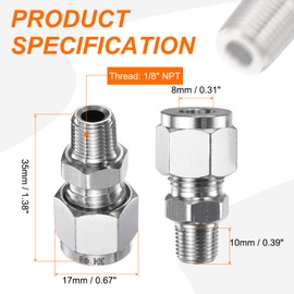sourcing map 2pcs Compression Fitting 8mm Tube OD x 1/8" NPT Male Thread Stainless Steel Straight Coupler Adapter Compression Tube Pipe Fitting Connector for Oil Gas Water
