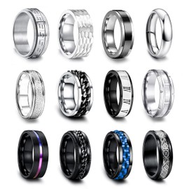 EIELO 12Pcs Stainless Steel Band Rings for Men Women Cool Fidget Spinning Chain Ring Anxiety Relief Fashion Simple Wedding Engagement Black Ring Set
