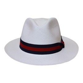 Borges & Scott - Teardrop Fedora Panama Hat - Cream Straw with Blue and Red Band - 62cm
