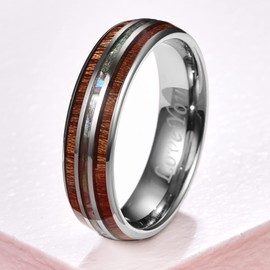 Phyonio Tungsten Rings for Men Wood Wedding Ring Silver Rings with Abalone Shell Inlay Koa Rings Promise Ring Engagement Band Dome Style Size 11.5