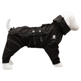 Dog Raincoat with Side Zipper Reflective Tape and Leash Holes,Waterproof Windproof Dirt-Resistant Warmth Dog Jacket with Elasticized Belly and Cuff Designs, Four Legs Design, Elastic Edge- Black XL