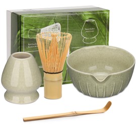Geebuzz Matcha Whisk Set - Matcha Bowl and Bamboo Matcha Whisk, Scoop, Spoon, Sifter, Whisk Holder, 6pcs Perfect Matcha Starter Kit for Matcha Tea Ceremony (D Green)