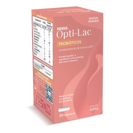 Opti-Lac Nestlé Probióticos Lactobacillus Fermentum LC40 Equilibra Microbiota Seno Materno Alivia Mastitis Frasco con 30 Cápsulas