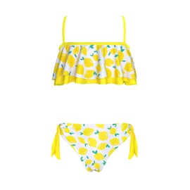 SHEKINI Girls' Two-Piece Swimsuits, Bandeau Ruffles, Adjustable Shoulder Straps, Tankini Printed Swimwear, Triangle Ties-Up Swimming Trunks, Bikini, Teenagers for 6-14 Years, lemon yellow