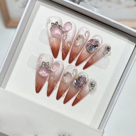 Handmade Press On Nails Long MouyouGlow, Stiletto Ombre Caramel Sweet Ocean 3D Bubble Cat Eye Magnetic Rhinestone Y2K Resuable Fake Nails, Handmade Artificial Fingernails, 10 Pieces, 218-XS