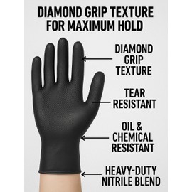 TG TOUGH GLOVE Gator Gripz Nitrile Gloves (Pack Of 50) | Diamond Texture Black Disposable | Powder & Latex Free | Strong Heavy-Duty | S