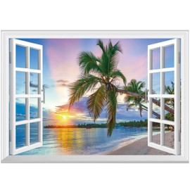 FLFK Fake Window Wall Mural - Sunrise Over The Sea Faux Window Wall Sticker for Wall Decor, Stick and Peel Wall Decals,80"x60",Set of 5 Sheets