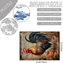 Rustic Rooster Jigsaw Puzzle Chicken 1000 Piece Jigsaw Puzzles for Adults,Vintage Animal Painting Jigsaw Puzzle 20 x 27 Inch Colorful DIY Puzzles for Home Decoration Game Nights