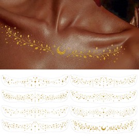8 Pcs Body Glitter Tattoos, Metallic Gold Temporary Tattoo Stickers, Celestial Moon and Stars Design, Floral Vine Pattern, Decorative Body Art