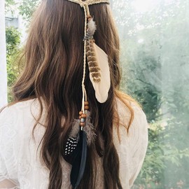 Campsis Indian Feather Headbands Boho Princess Head Chain Adjust Headdress Handmade Rope Hair Accessories for Women and Girls (H)