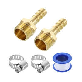 uxcell 2Pcs Brass Hose Barb Fittings, 1/4" Barb x G1/4" Male Thread Hose Connector with Hose Clamps for Water Fuel Gas Oil Transportation and Pipeline Maintenance