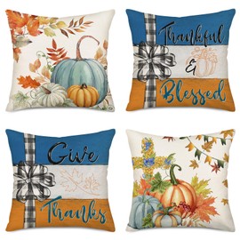 Smilyard Autumn Decorative Pillow Covers 20x20 Inch Set of 4 Hello Fall Pumpkins Buffalo Bowknot Thankful Grateful Blessed Decor Maple Leaf Pillows Cushion Case for Home Sofa Couch